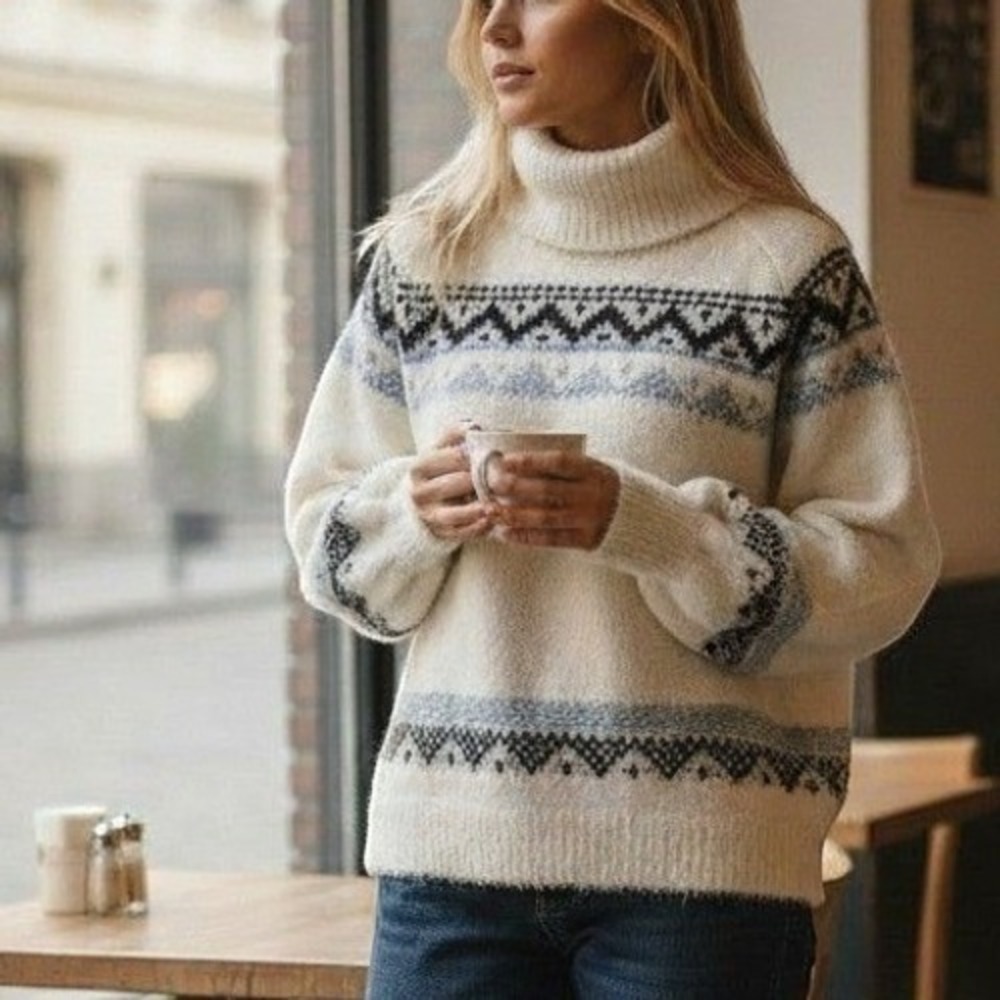Premise Women Fair Isle Turtleneck Sweater Blue Cream Eyelash Knit Size M